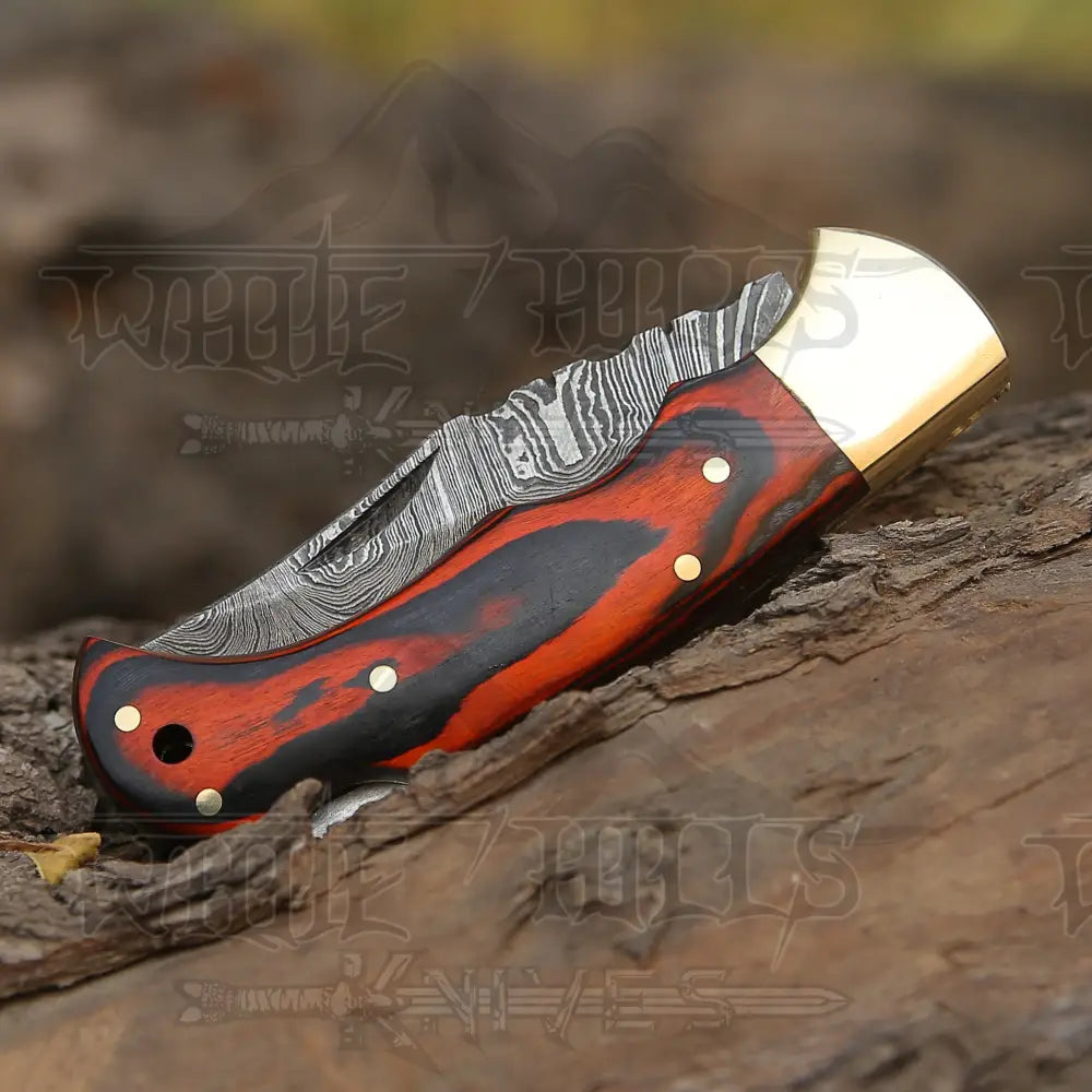 6.5" Handmade Damascus Pocket Knife - Folding Pocket Knife - Stained Wood Handle WH 5028