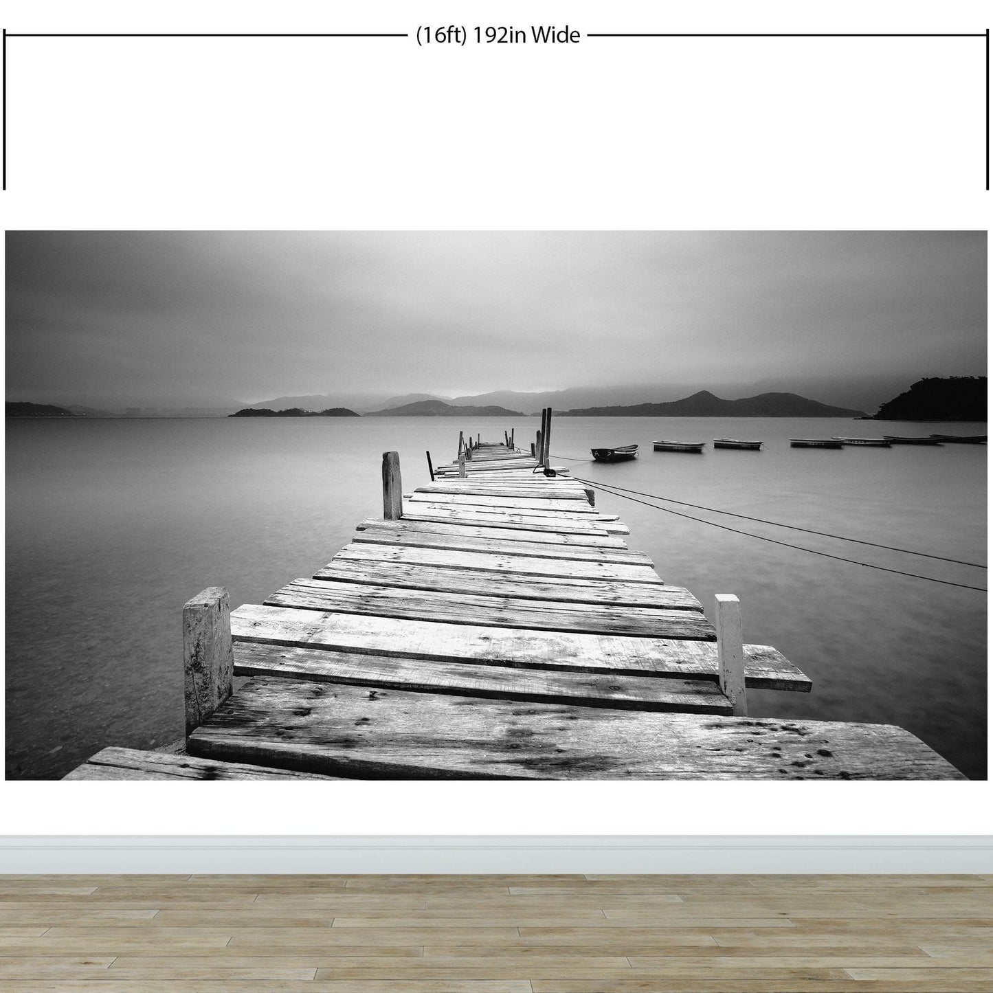 Misty Lake View Boat on Pier Black and White Mural Wall Decal Sticker #6143