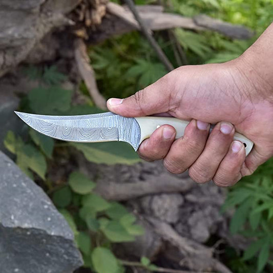 Good Skinning Knife Custom Handmade Full Tang Damascus Steel with Bone Handle, 8-inch - The Bonecrest