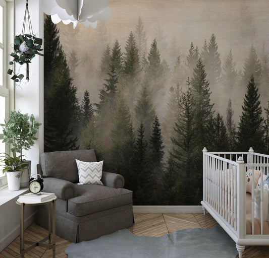 Misty Pine Tree Forest Landscape Wallpaper. Peel and Stick Wall Mural. Self Adhesive Nursery Wall Decor. #6237