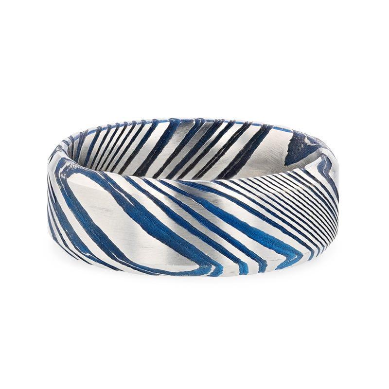 BISMAN Blue Beveled Brushed Damascus Steel Men’s Wedding Band with A Vivid Etched Design - 6mm & 8mm