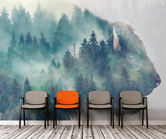 Foggy Mountain Forest View with Bison Buffalo Overlay Natural Scenery Wall Mural #6282.
