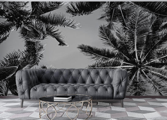 Black and White Tropical Palm Tree Mural. Vintage Summer Vibe. #6315