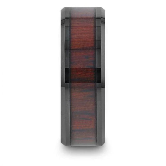KAI Beveled Black Ceramic Ring with Cocobolo Wood Inlay - 8mm