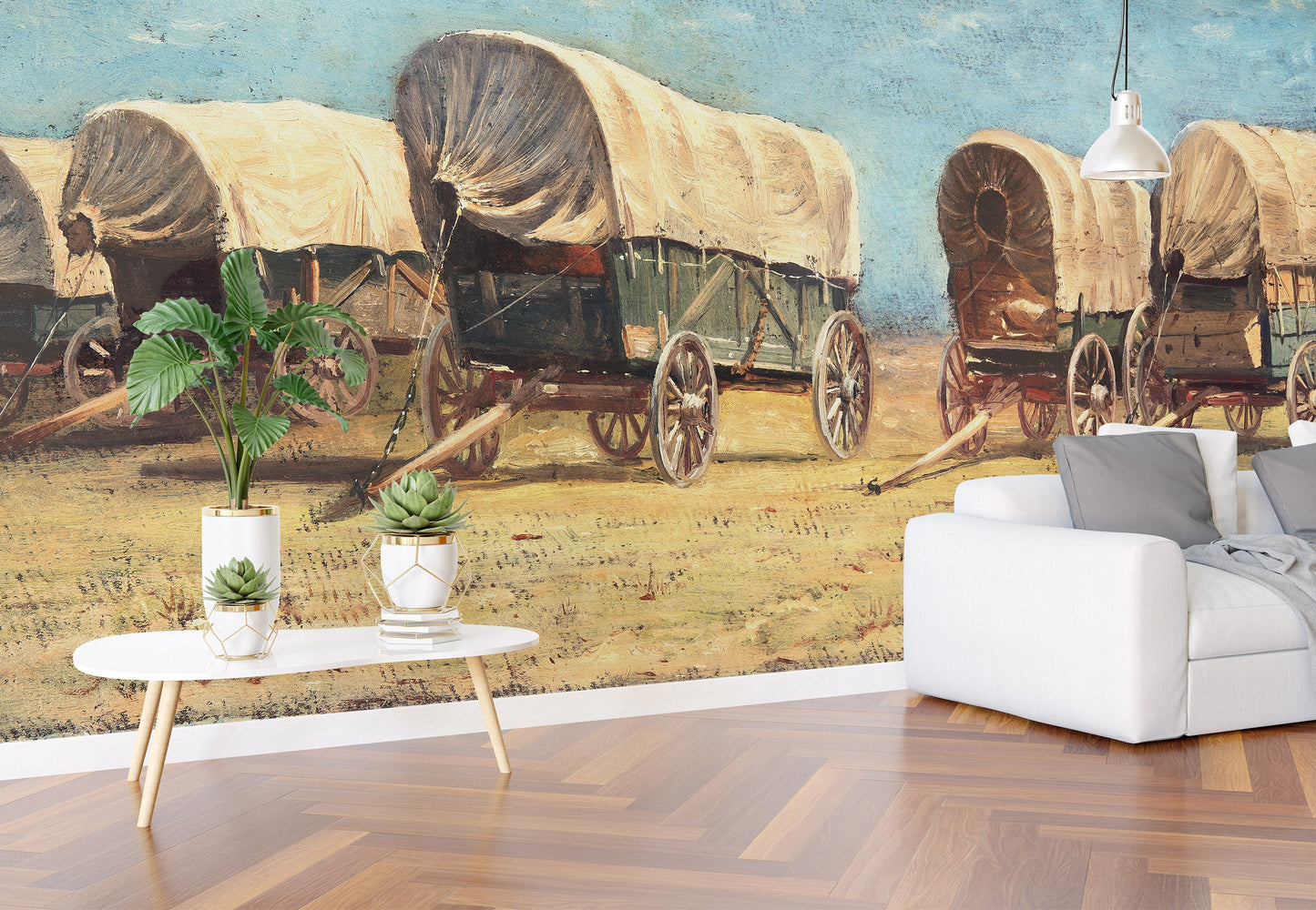 Western Cowboy Theme Wall Mural Decor. Study of Covered Wagons by Samuel Colman. Painting Artwork. Peel and Stick Wallpaper. #6339