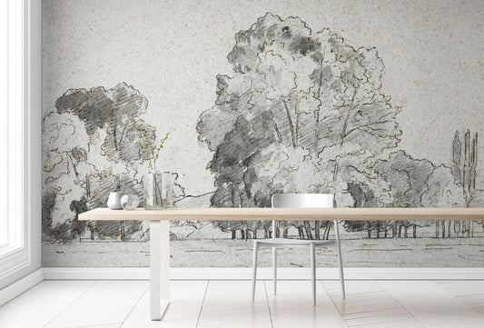 Forest Trees Wallpaper Peel and Stick Mural, Grove of Trees Drawing by Camille Pissarro. #6344