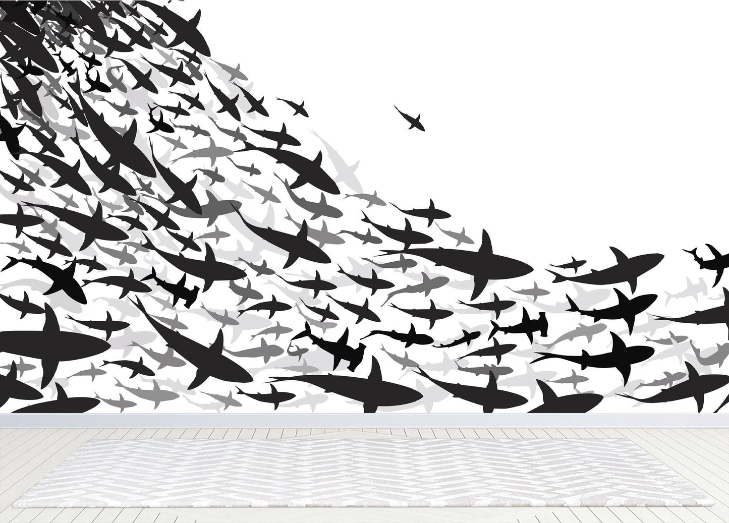 Shark Frenzy Underwater Wall Mural. Peel and Stick Wallpaper. Black and White Shark Silhouettes #6347