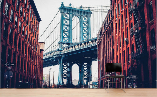 New York City Wall Mural Peel and Stick Wallpaper. Vintage Dumbo NYC. Brooklyn NY Landscape Wallpaper. #6369