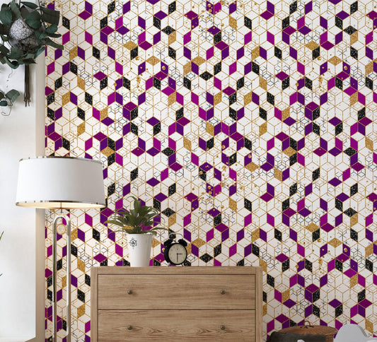 Abstract 3D Cube Shape Wall Mural. Geometric Cube Minimalistic Purple and Gold Peel and Stick Wallpaper. #6380
