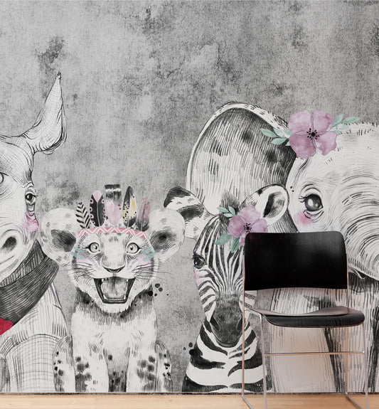 Safari Baby Animals Wall Mural. Baby Elephant, Giraffe, Rhino, Lion and Zebra Peel and Stick Wallpaper. #6383