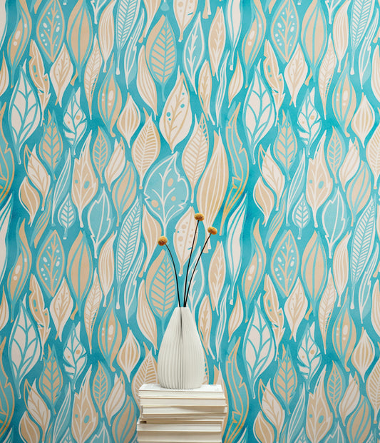Teal Color Autumn Leaves Pattern Wall Mural. Retro Illustration Foliage Pattern. #6438