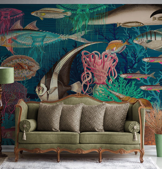 Vintage Retro Underwater Marine Sea Life Wall Mural. Beach / Nautical / Marine Life Theme Peel and Stick Wallpaper. #6442