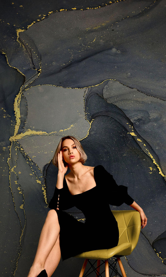 Abstract Black and Gold Agate Marble Stone Pattern Wall Mural. Removable Peel and Stick Wallpaper. #6454