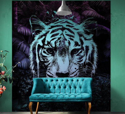 Tiger in Rainforest Wall Mural. Neon Color Pop Modern Decor. #6459