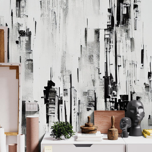 Black and Gray Urban City Wall Mural. Cyber Punk Cityscape. Minimalist Abstract Building Architect Wallpaper. #6487