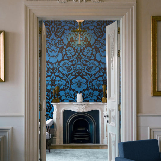 Damask Wallpaper Blue Color on Dark Background Pattern Wallpaper Peel and Stick Wall Mural Home Decor #6518