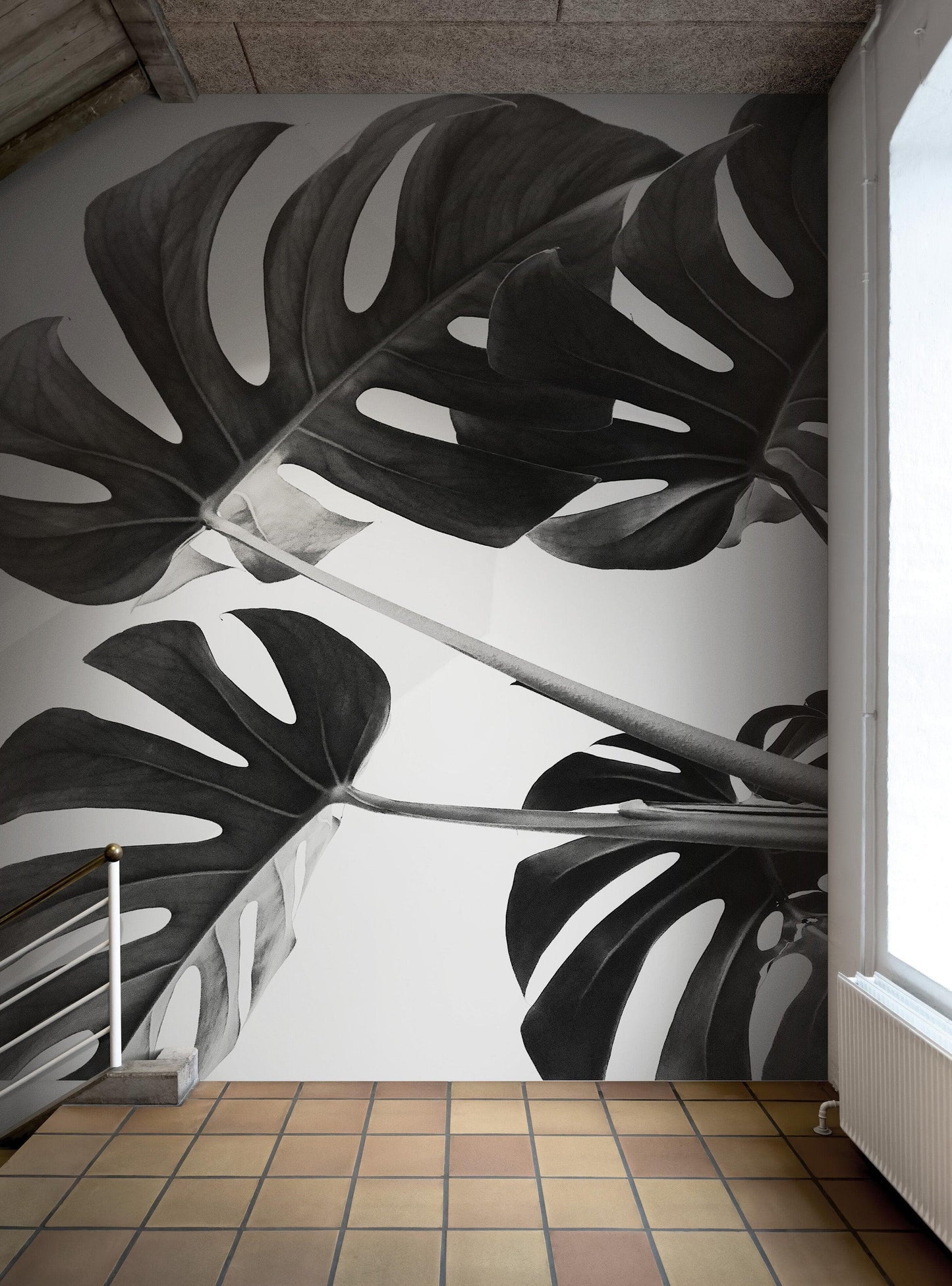 Elegant Black and White Leaves Wallpaper Mural - Serene Botanical Beauty #6606