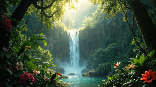 Tropical Rainforest Waterfall Wallpaper Wall Mural. #6987