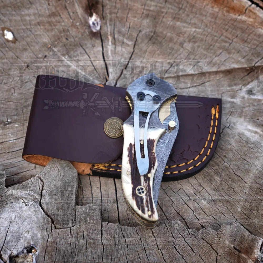 7" Handmade Damascus Pocket Knife with Pocket Clip - Stag Antler Handle - Damascus Bolster WH 3530-CP