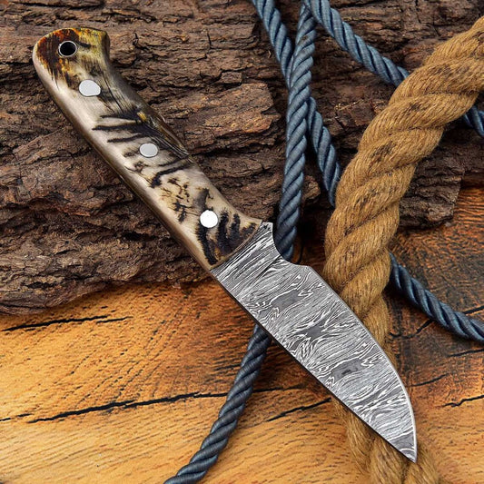 Custom Handmade Skinning Knife with Full Tang Damascus Steel Blade and Mountain Sheep Horn Handle - 7.25 Inches