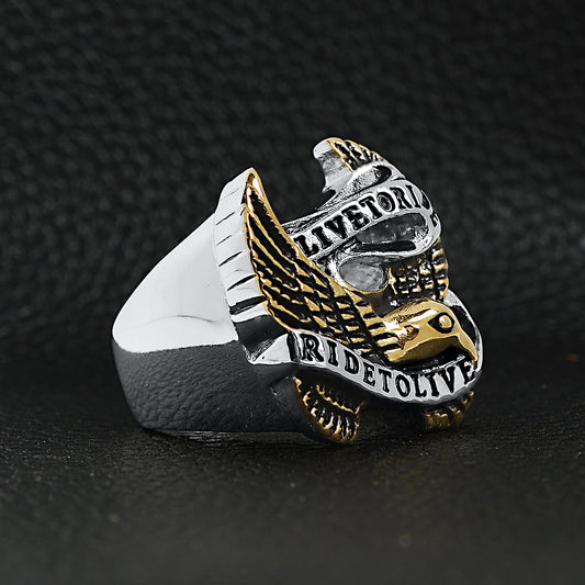 Stainless Steel 18K Gold Plated Live To Ride Eagle Biker Ring