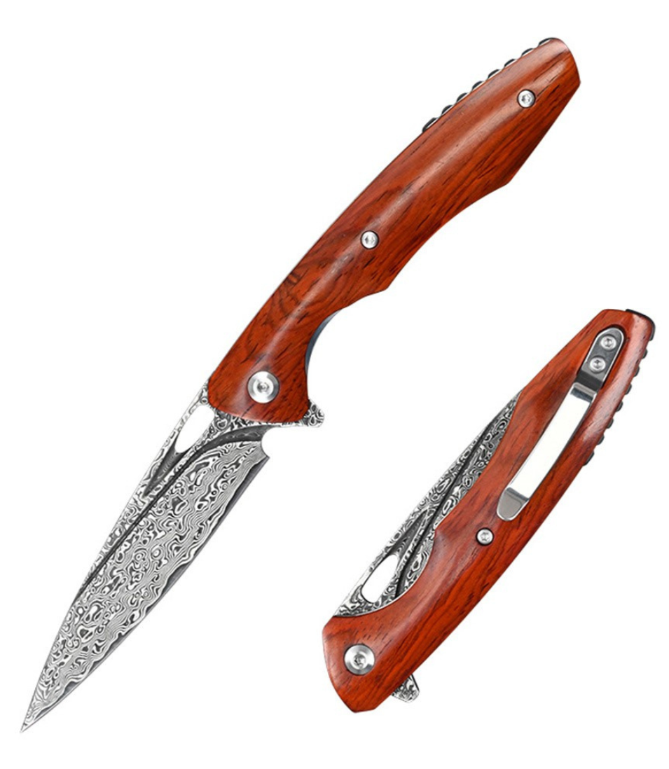 Quicksilver Handmade Japanese Damascus Pocket Knife with Exotic Red Sandalwood Handle