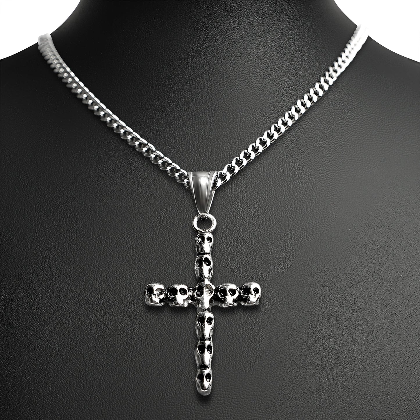 Stainless Steel Cross Of Skulls Curb Chain Necklace