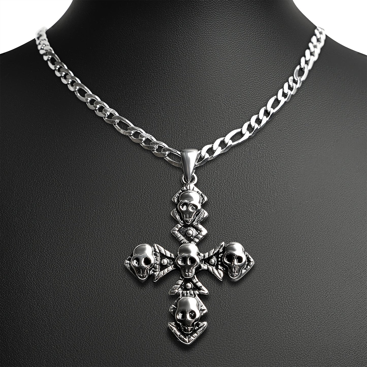 Stainless Steel Multi Skull Cross Pendant Figaro Chain Necklace