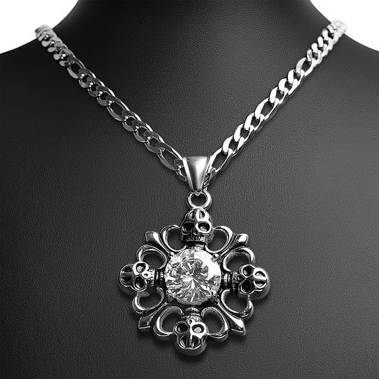 Stainless Steel Fleur De Lis & Skulls & CZ Figaro Chain Necklace