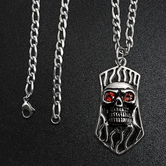 Stainless Steel Red CZ Eyed Skull Shield Figaro Chain Necklace