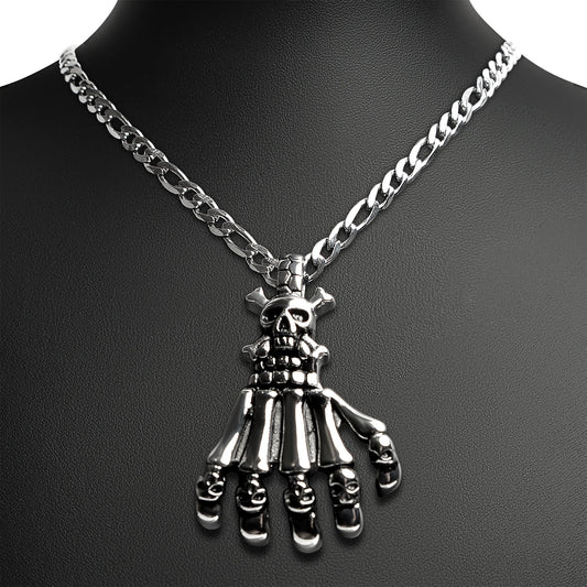 Stainless Steel Skull Skeleton Hand Figaro Chain Necklace