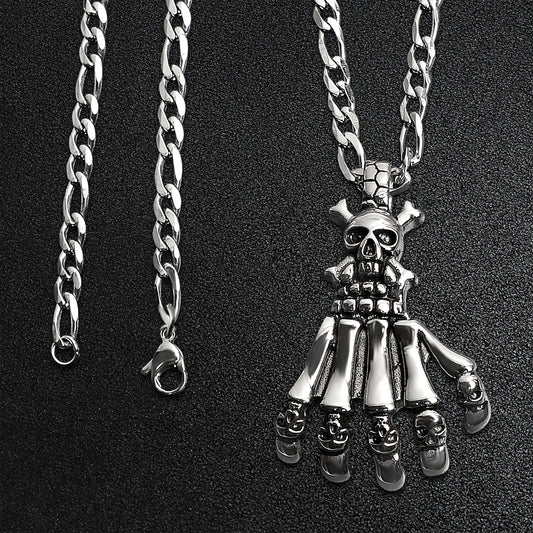 Stainless Steel Skull Skeleton Hand Figaro Chain Necklace