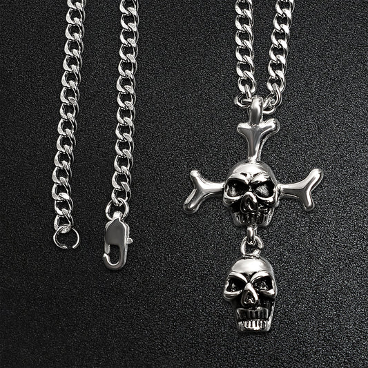 Stainless Steel Double Skull And Bones Figaro Chain Necklace