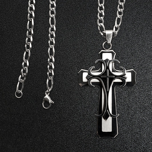 Stainless Steel And Black Layered Cross Figaro Chain Necklace