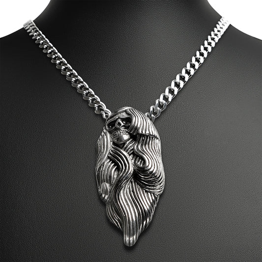 Stainless Steel Large Long Hair Skull Curb Chain Necklace