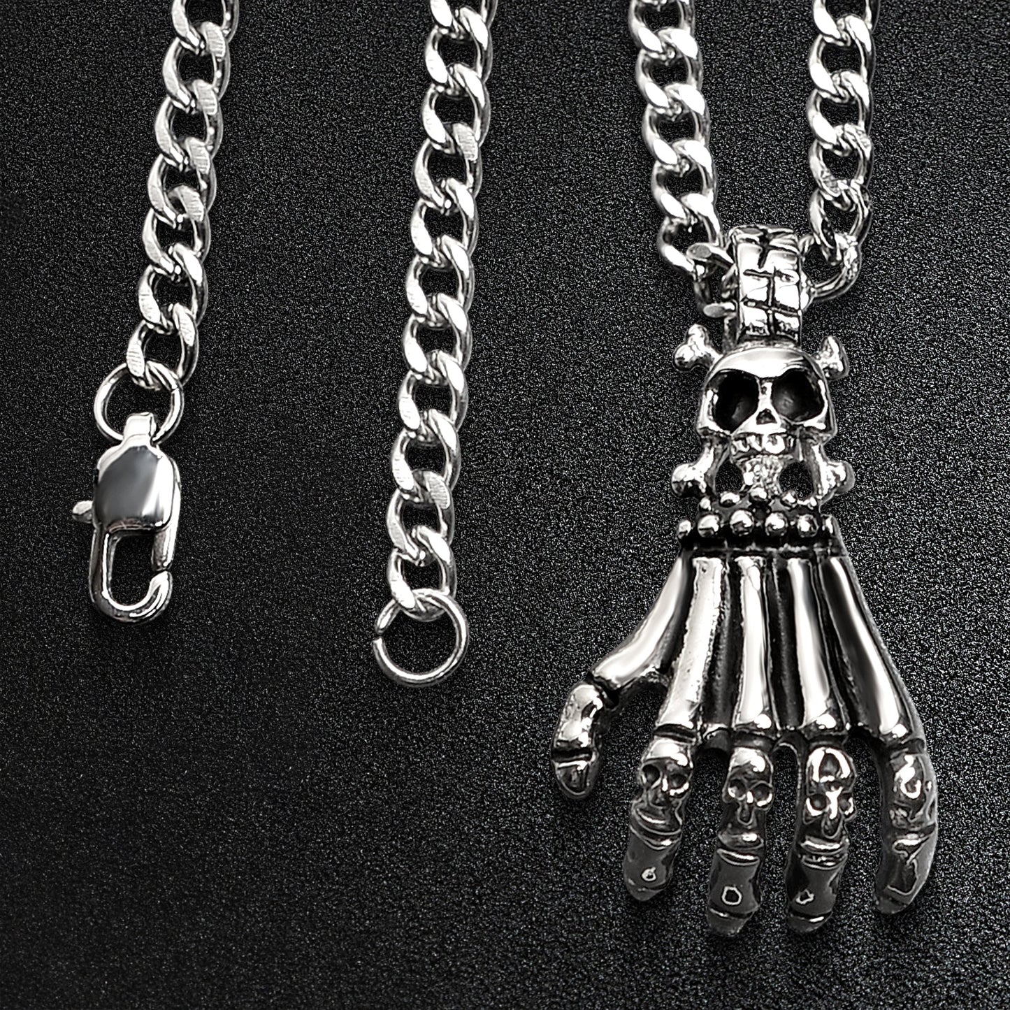 Stainless Steel Skull Skeleton Hand Curb Chain Necklace