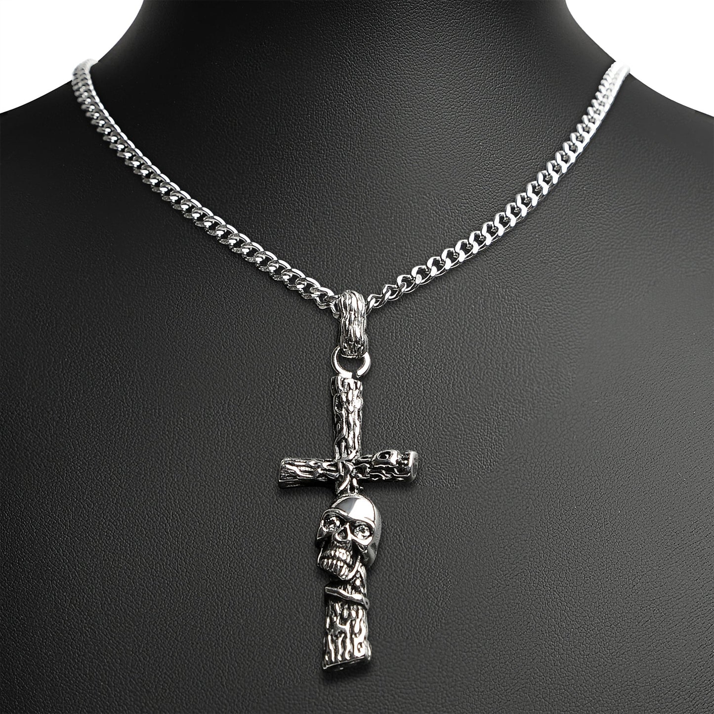 Stainless Steel Wood Texture Skull Cross Curb Chain Necklace