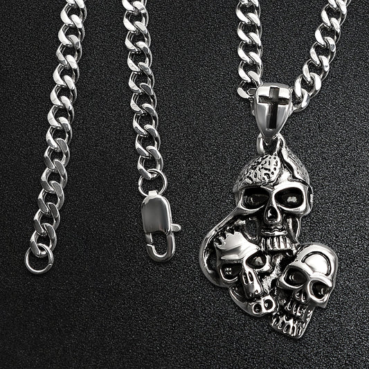 Stainless Steel Three Skulls With Black Cross Curb Chain Necklace