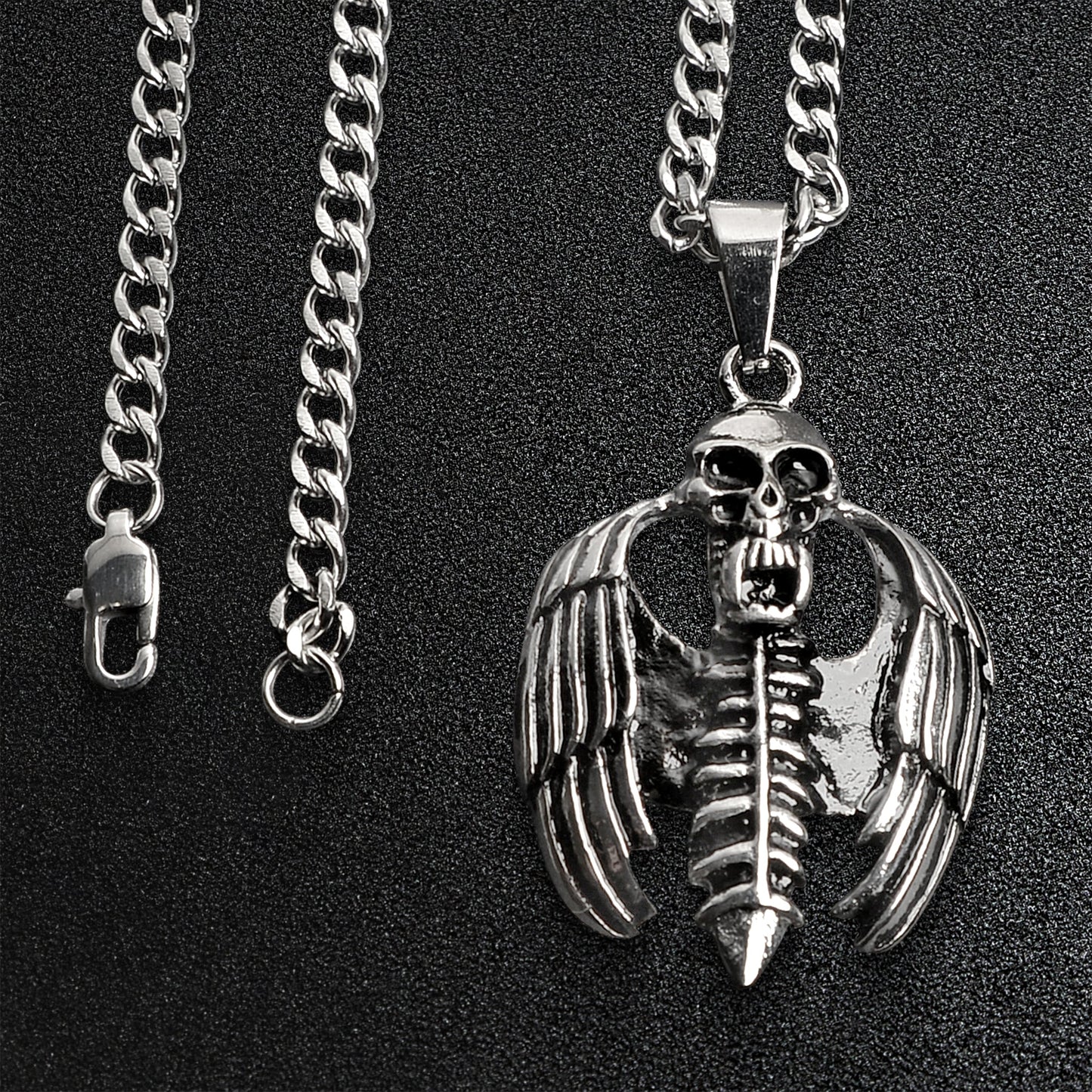 Stainless Steel Skeleton With Wings Curb Chain Necklace