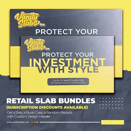 Vanity Slabs Retail Bundle 1 x Slab, Book Case, Pick & One Random Mystery Card Baseball Football Hockey or Basketball