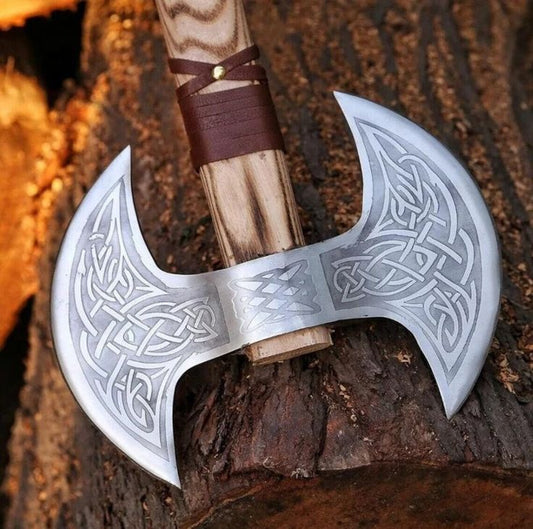 Mastercraft Battle Axe: Custom Handmade Engraved Double Blades with D2 Steel and Ash Wood Handle, Leather Wrap, and Sheath