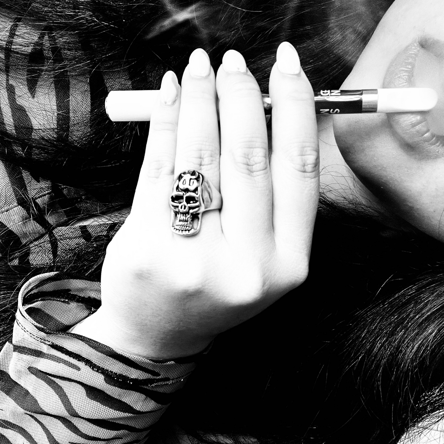 Stainless Steel Polished Flaming Skull Ring