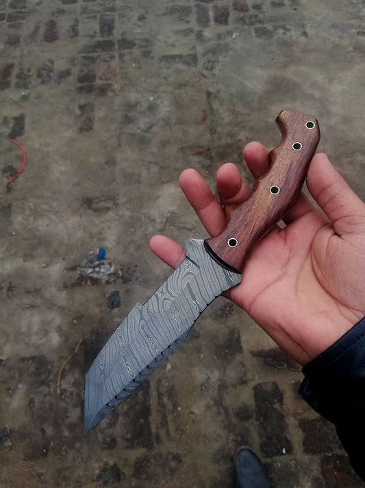 Custom Handmade Damascus Tanto Tracker Knife with Rosewood Handle - 10 inches Overall Length, Serrated Top Blade