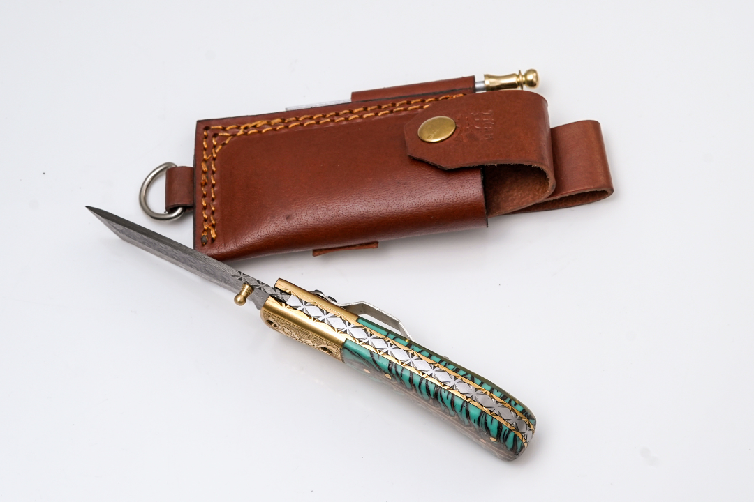 Hand-Forged Damascus Tanto Folder | Teal Pine Cone Handle with Engraved Brass Bolster & Fire Starter - TF-072