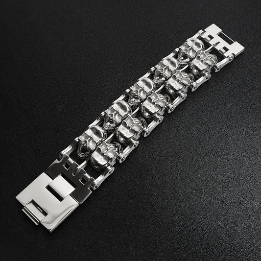 Stainless Steel Double Skulls Alternating Bike Chain Bracelet