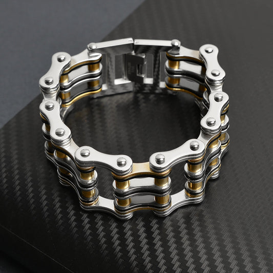 Black And 18K Gold PVD Coated Double Bike Chain Bracelet