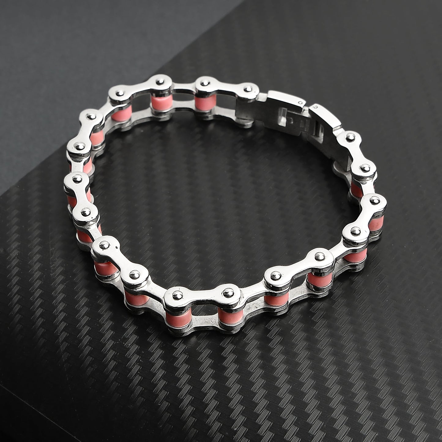 Stainless Steel And Pink Women's Bike Chain Bracelet
