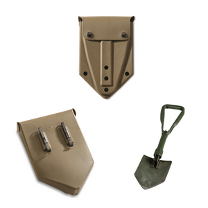 GERMAN OD TRI-FOLD SHOVEL W/OD RUBBERIZED SHOVEL COVER USED