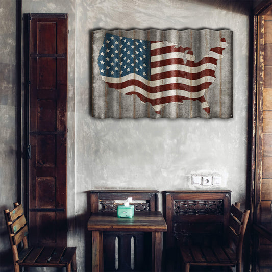 USA Flag: Stars & Stripes Map - Corrugated Metal Wall Art