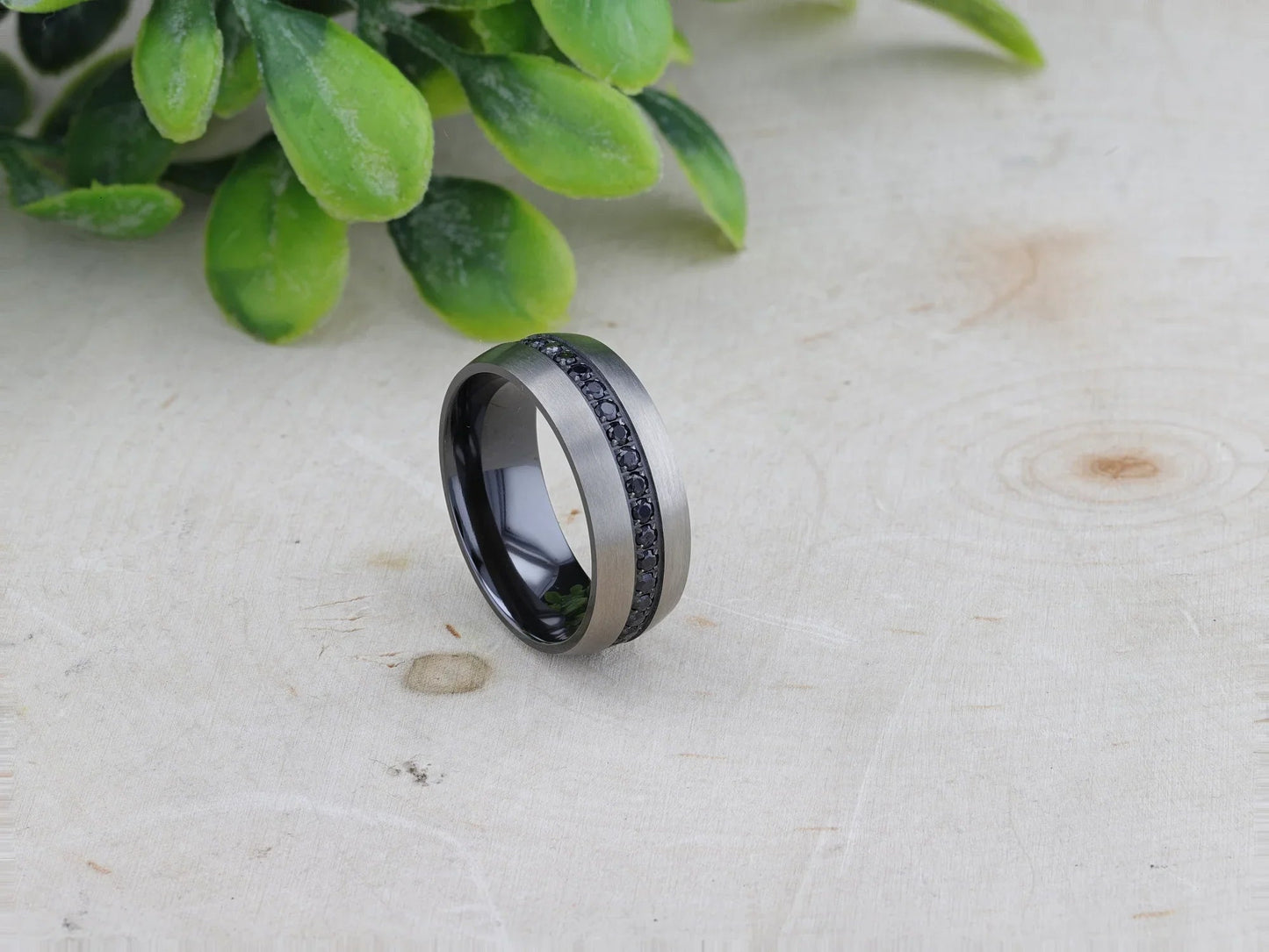 AVIATOR Domed Brushed Titanium Men's Wedding Band with Black Sapphire Stones Inlay - 8mm